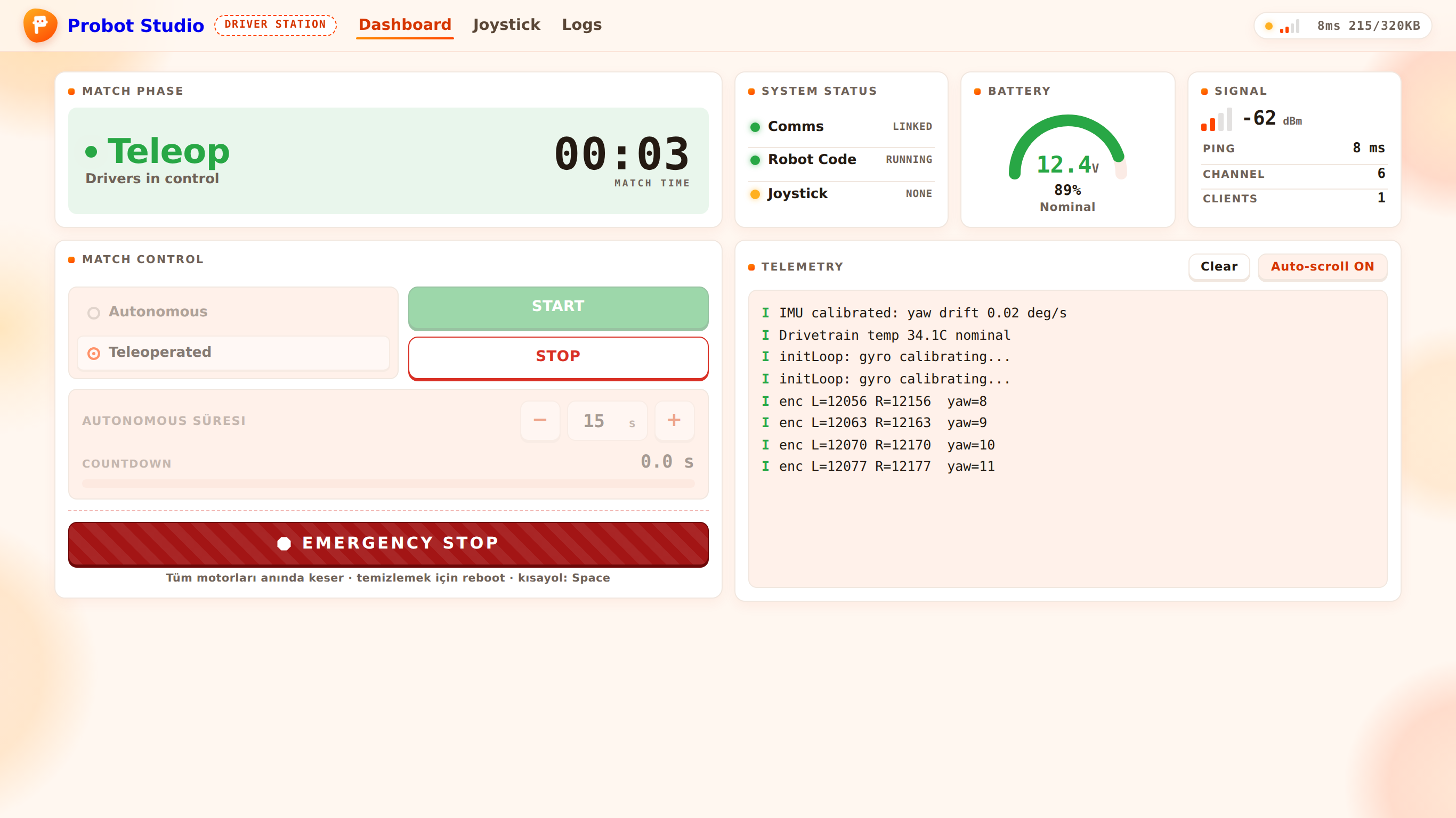Driver Station arayüzü — Dashboard