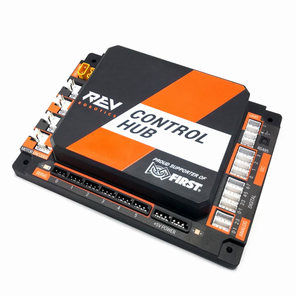 REV Control Hub. Motor, servo ve sensör bağlantıları kasanın kenarlarında.